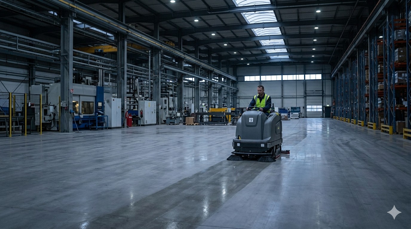 Industrial workshop cleaning Melbourne - concrete fabrication facility floor scrubbing